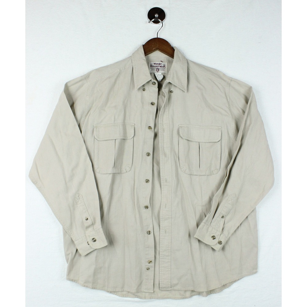 Vintage 90s Wrangler Rugged Wear Mens XL Tan Khaki Cotton Button Down Workwear